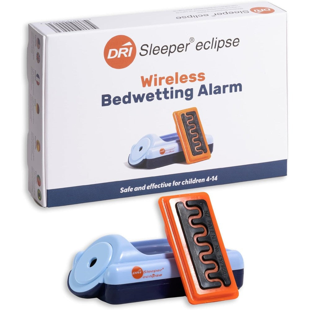 DRI Sleeper Eclipse wireless bedwetting alarm unit and sensor packaging front view
