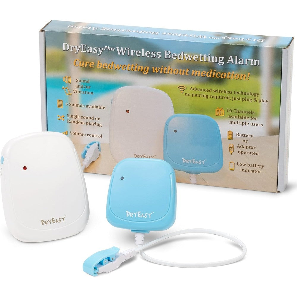 DryEasy Plus Wireless Bedwetting Alarm front view of the receiver and transmitter units.