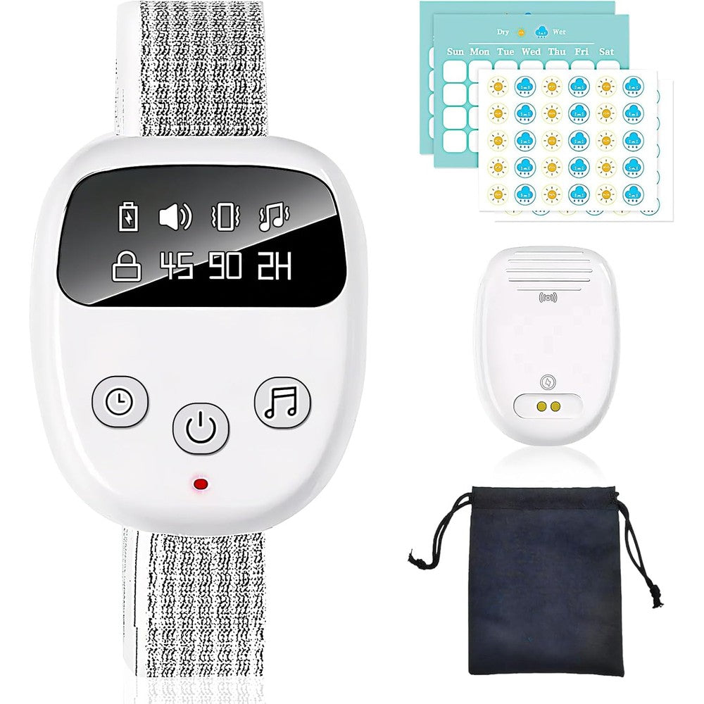 Lultrloyra wireless bedwetting alarm front view showing pearl white digital receiver watch and moisture sensor clip