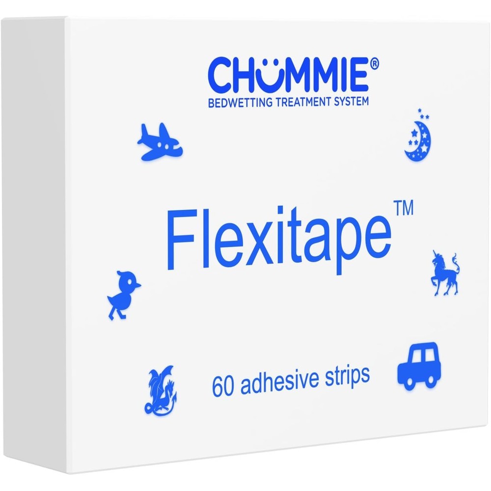Chummie Flexitape 60 count box front view showing blue adhesive strips for bedwetting alarms.