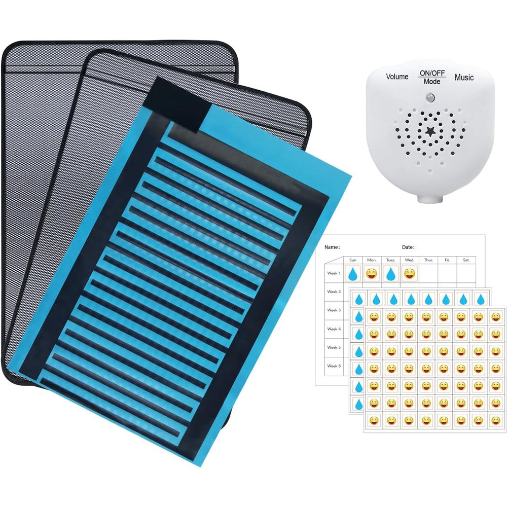 Fency TENQIU bedwetting alarm pad system front view showcasing the blue waterproof mat and white monitor.