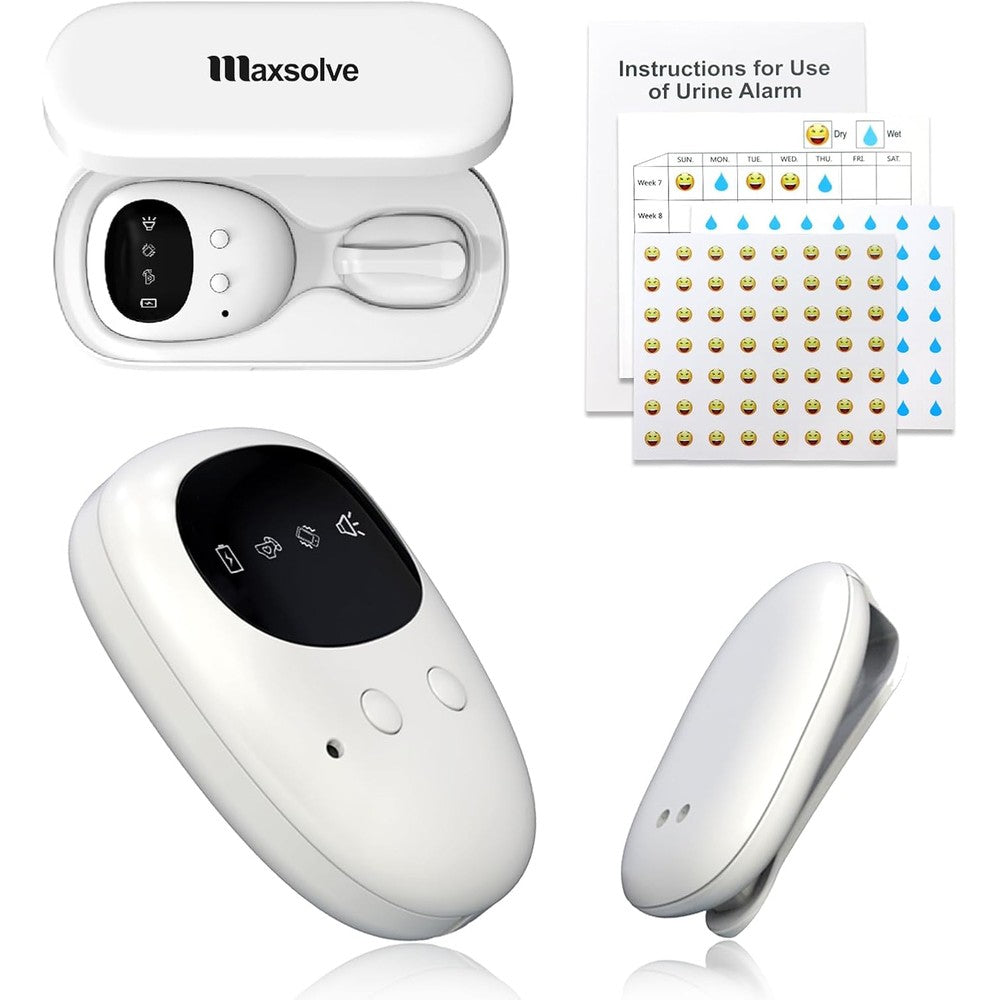 Maxsolve wireless bedwetting alarm system front view showing charging case and sensor