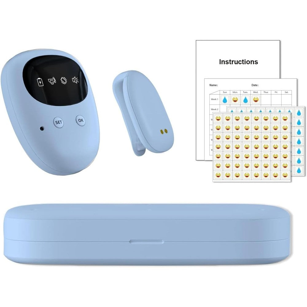 TENQIU wireless bedwetting alarm front view showing the blue sensor and receiver in the charging case.