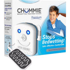 Chummie Premium Bedwetting Alarm for deep sleepers front view showing blue alarm unit.