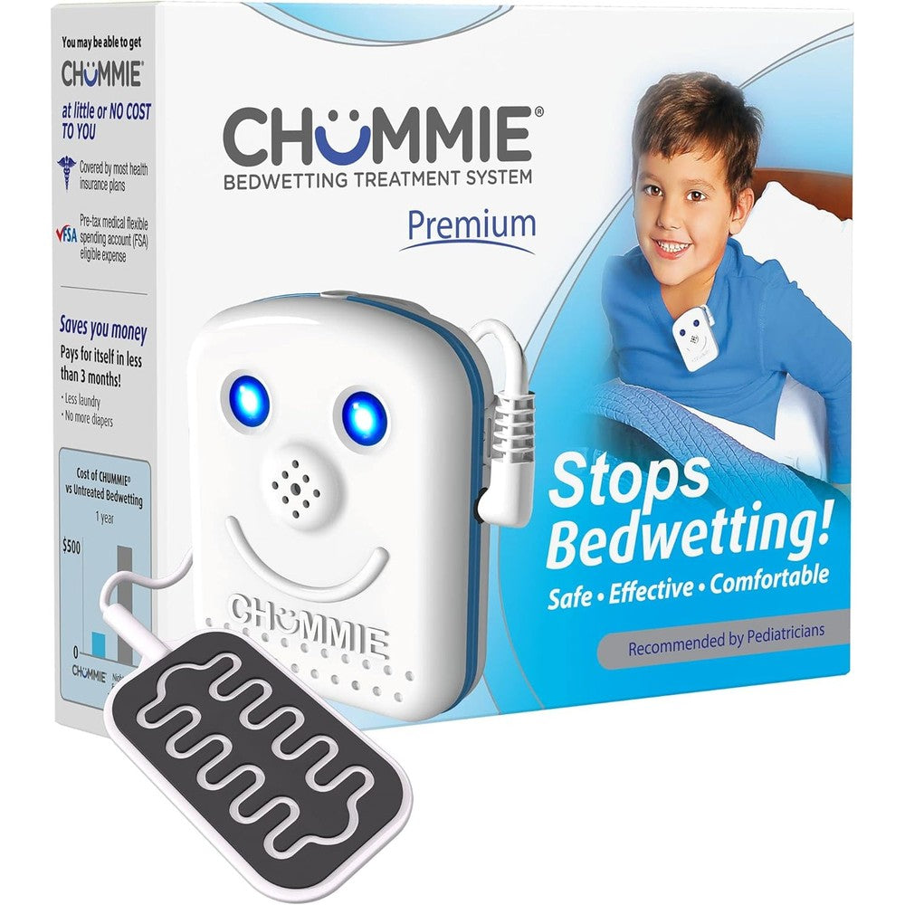 Chummie Premium Bedwetting Alarm for deep sleepers front view showing blue alarm unit.