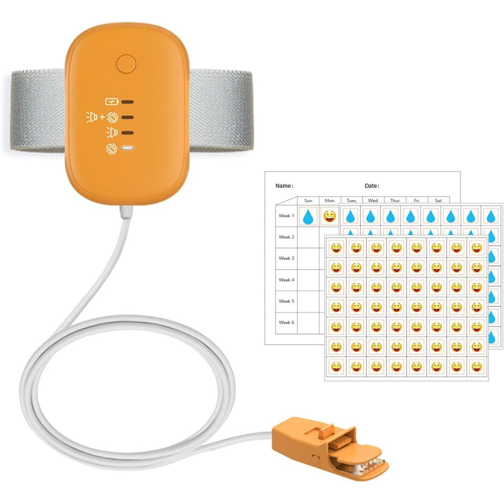 TENQIU Bed Wetting Alarm for kids orange variant front view showing sleek electronic unit.