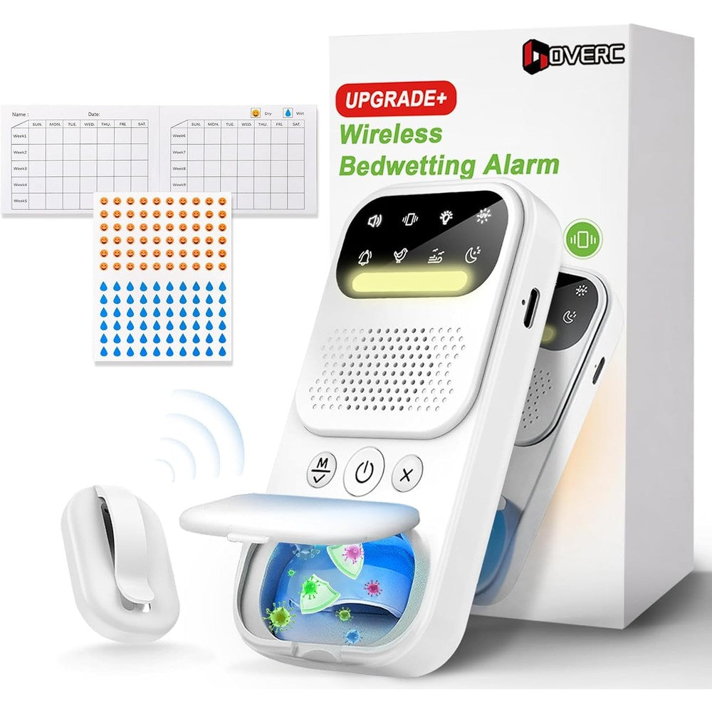 Heavenglow upgraded wireless bedwetting alarm system with receiver and sensor clip shown in front view