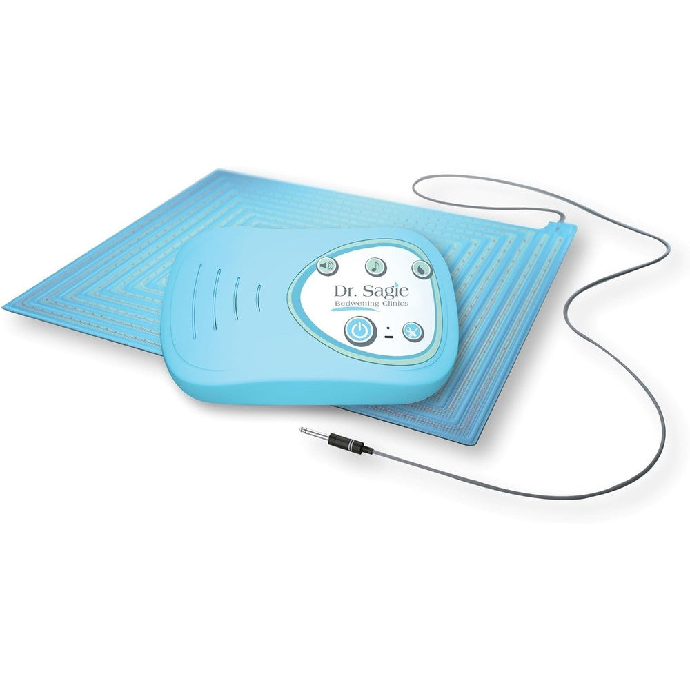 TheraPee bedwetting alarm system front view showing the digital bedside monitor unit and flat blue sensor mat.