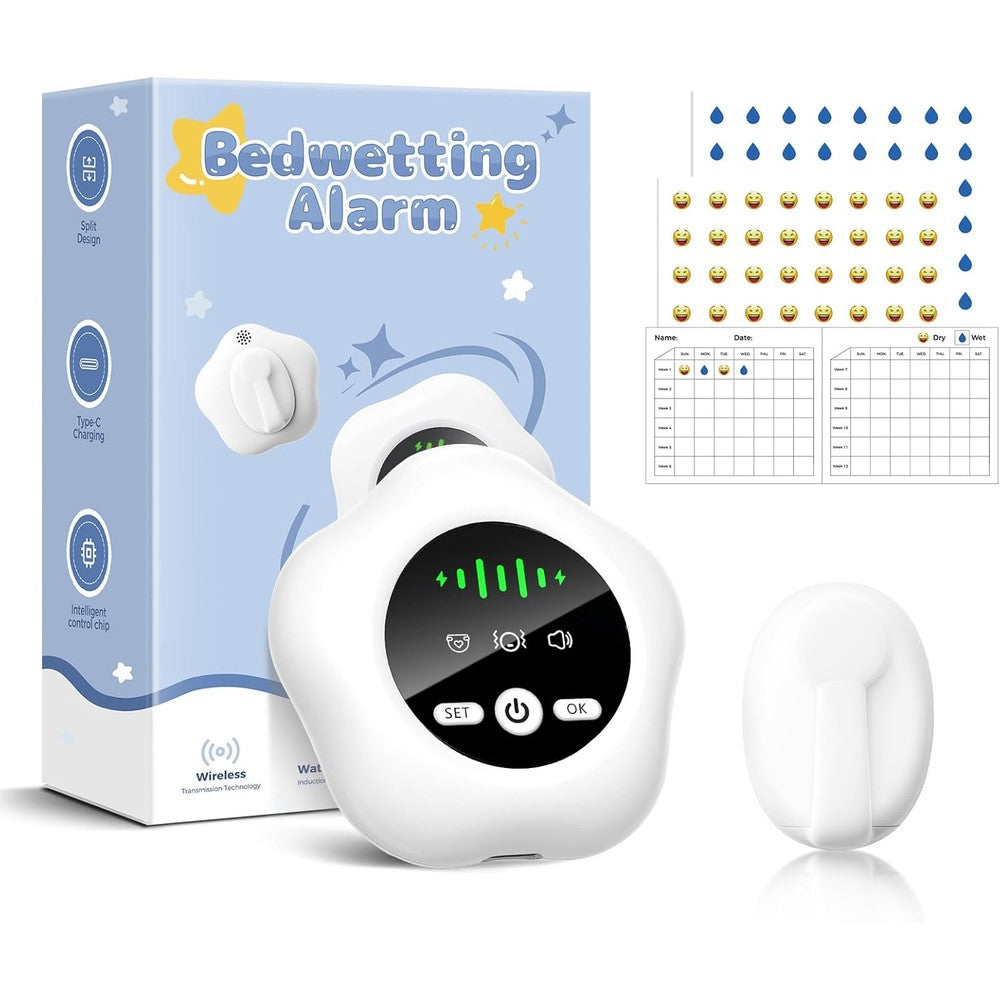 Prabensei wireless bedwetting enuresis alarm system front view showing white star shaped receiver and transmitter