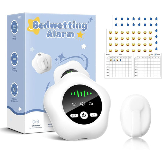 Prabensei wireless bedwetting enuresis alarm system front view showing white star shaped receiver and transmitter