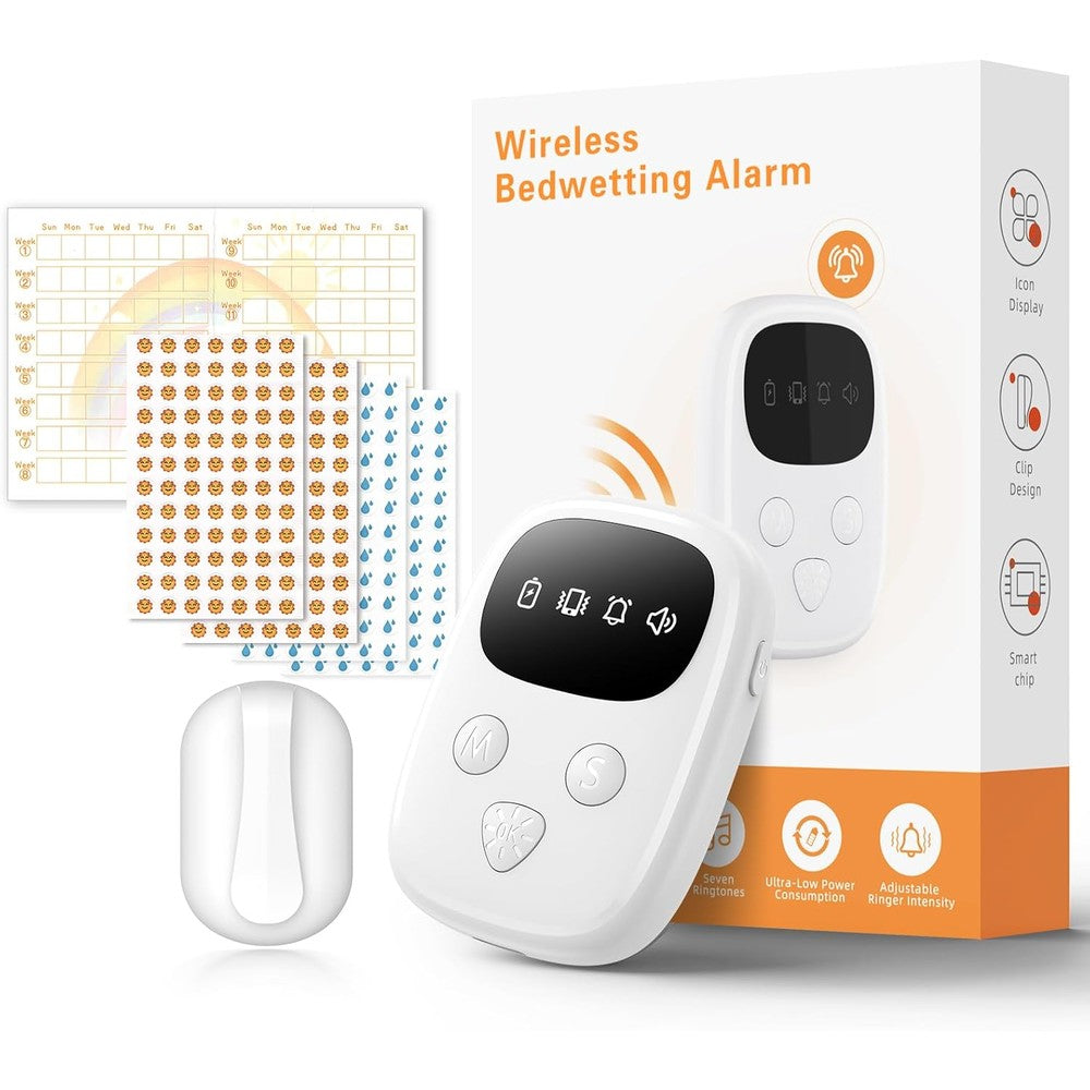 Ovevve wireless bedwetting alarm white receiver and sensor front view showing compact design