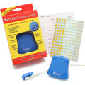 DryEasy bedwetting alarm with volume control front view showing compact blue main unit and attached moisture sensor cable.