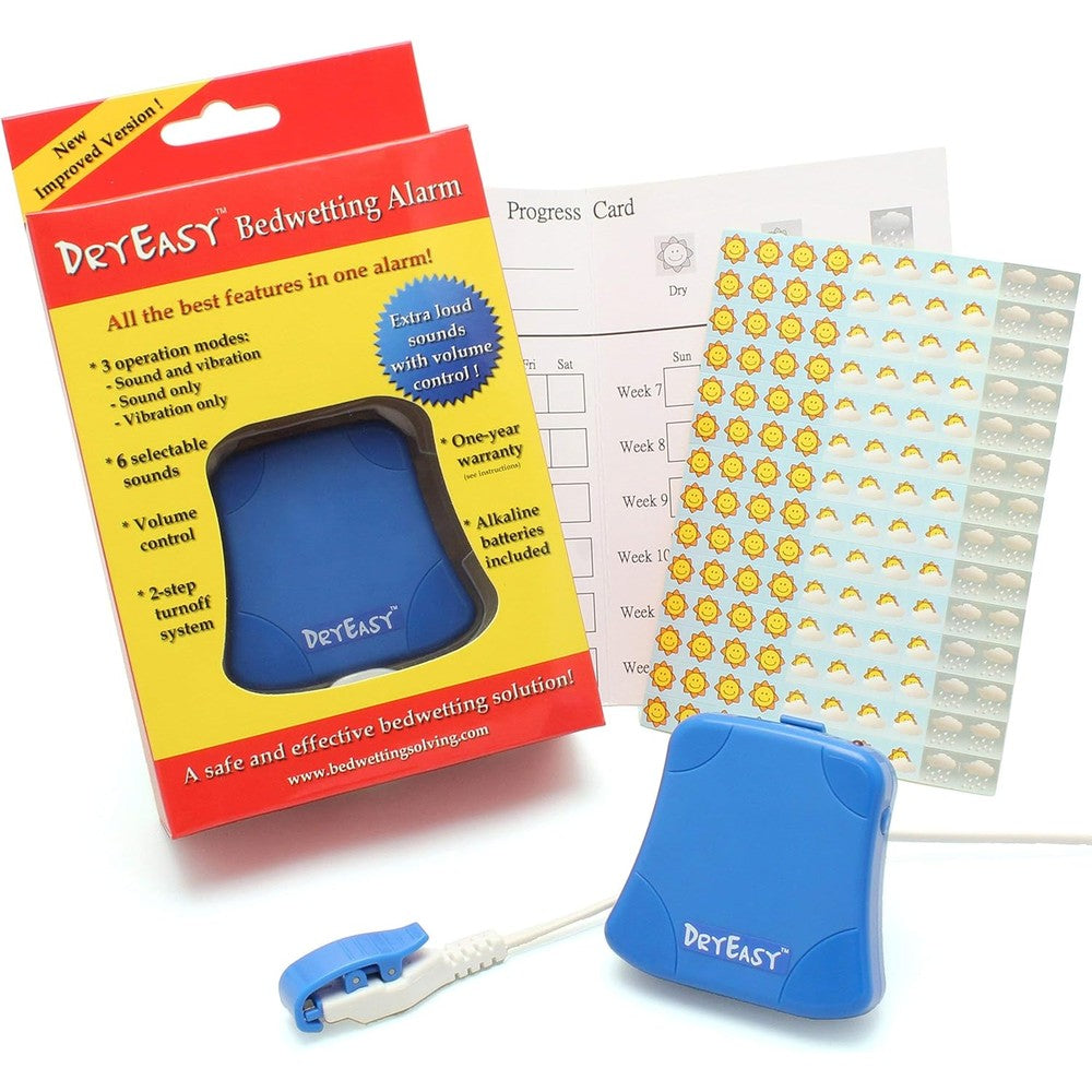 DryEasy bedwetting alarm with volume control front view showing compact blue main unit and attached moisture sensor cable.