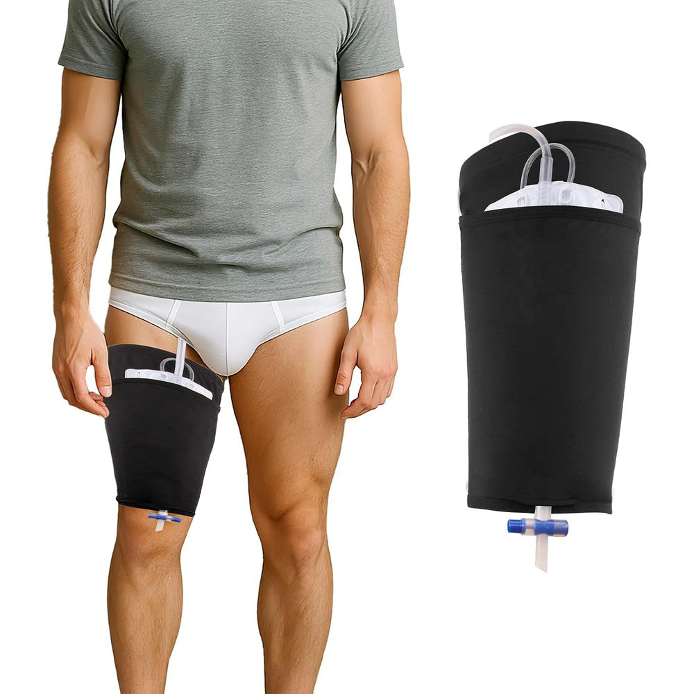 Weeoatar catheter leg bag holder front view showing fabric texture
