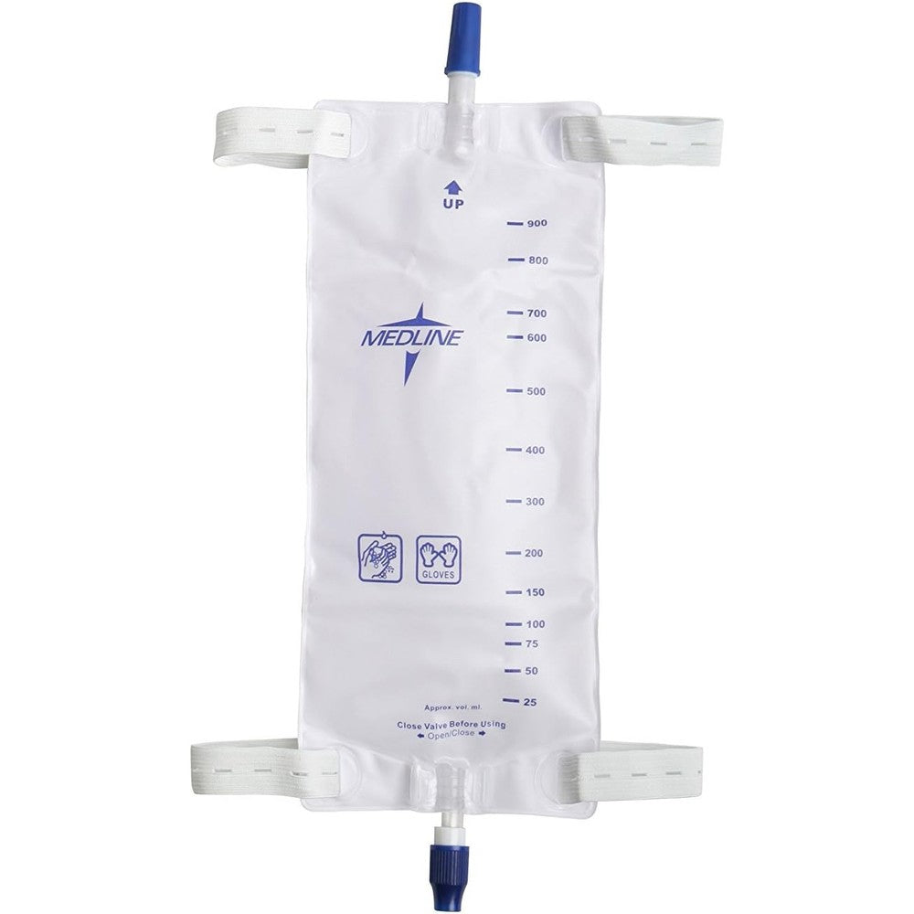 Medline DYND12578H urinary leg bag with twist valve and straps front view for medical drainage.