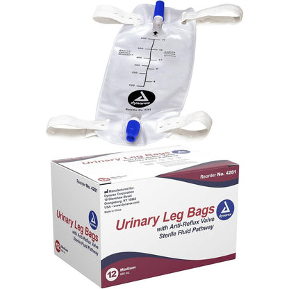 Dynarex Urinary Leg Bag front view with anti-reflux valve for catheter users.