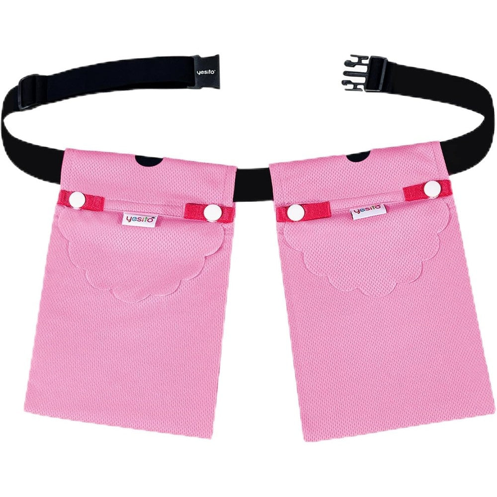 Yesito Mastectomy Drain Pouch front view showing the pink daily pouch and blue shower bag set