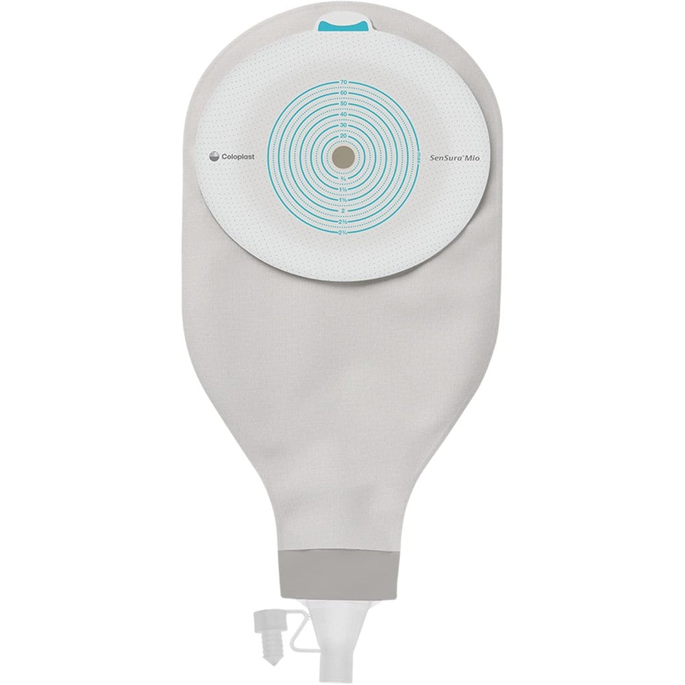 Coloplast SenSura Mio High Output Ostomy Pouch front view showing transparent design and cut to fit adhesive wafer.