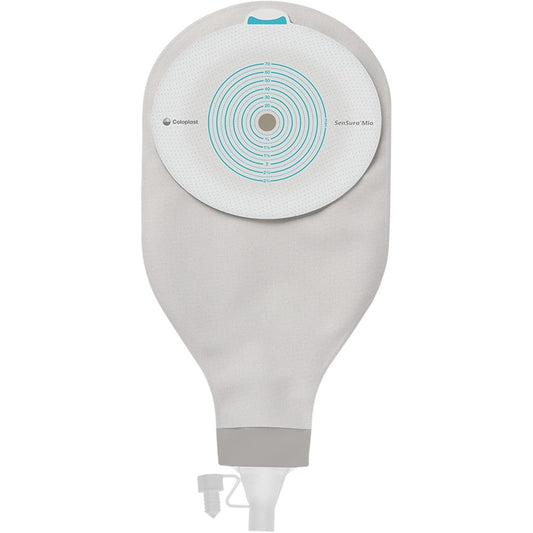 Coloplast SenSura Mio High Output Ostomy Pouch front view showing transparent design and cut to fit adhesive wafer.