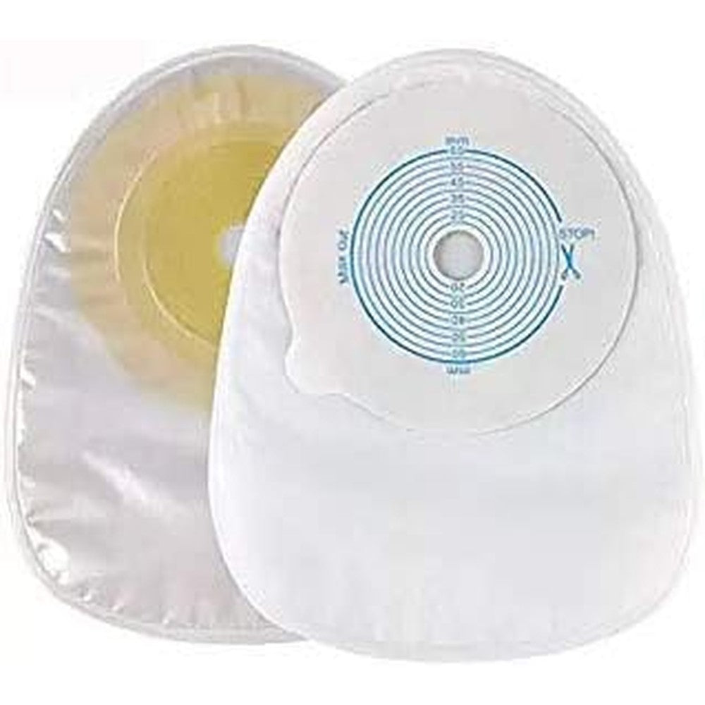 CLCMS one piece colostomy bags front view showcasing the cut to fit hydrocolloid skin barrier backing