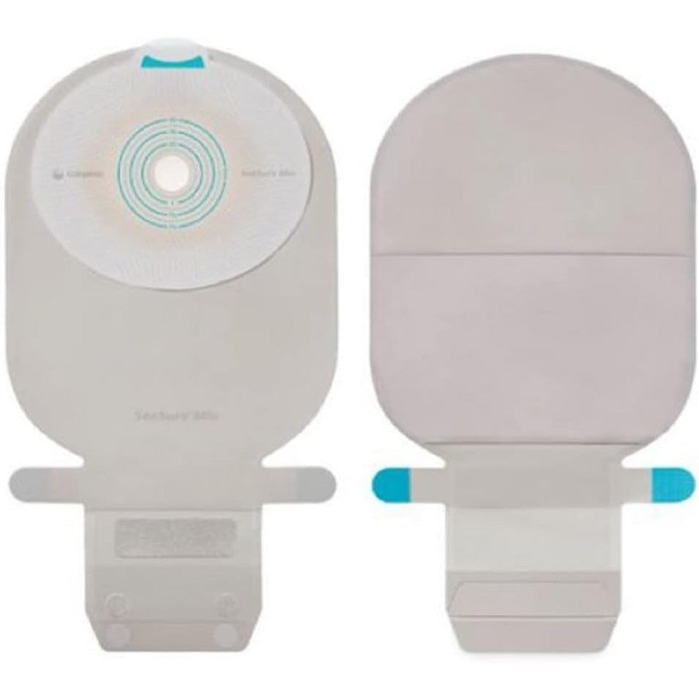Coloplast SenSura Mio One-Piece Filtered Ostomy Pouch front view showing neutral grey textile stoma bag.