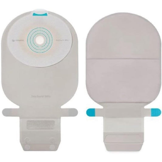 Coloplast SenSura Mio One-Piece Filtered Ostomy Pouch front view showing neutral grey textile stoma bag.
