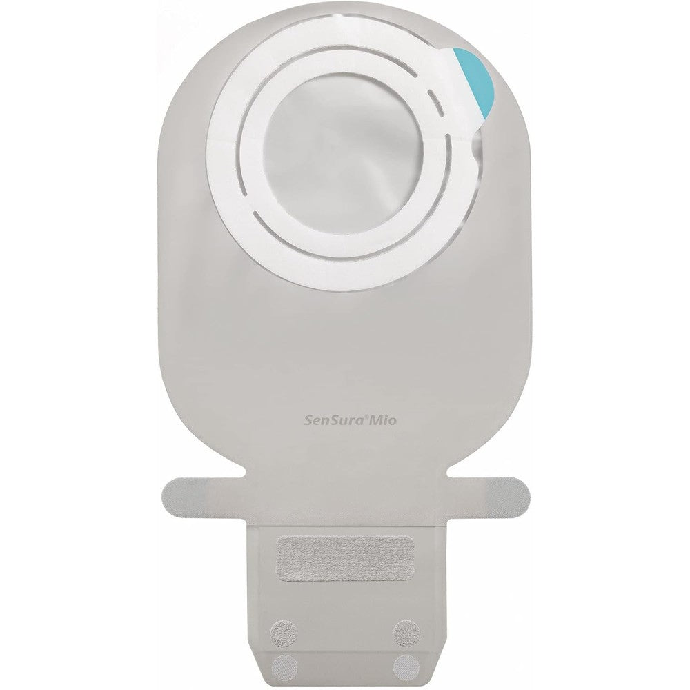 Coloplast SenSura Mio Flex EasiClose drainable ostomy pouch front view showcasing neutral gray textile design