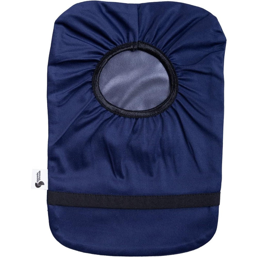 Spoonie Threads Navy Elastic Ostomy Bag Cover front view showing the water-resistant fabric fabric.