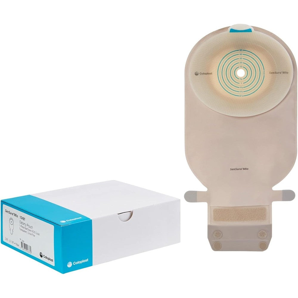 Coloplast SenSura Mio one piece drainable ostomy pouch front view showcasing transparent finish and gray textile fabric.