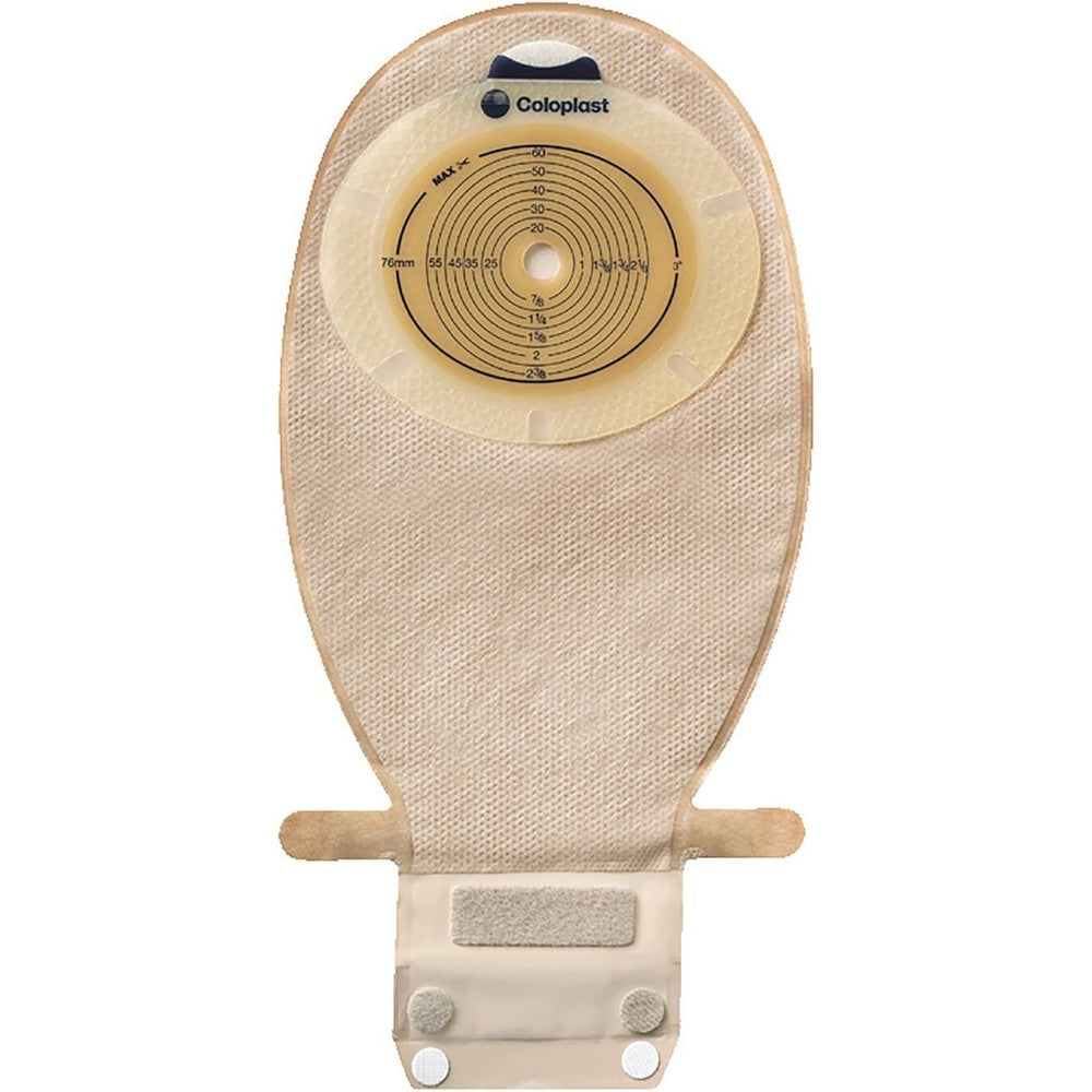 Coloplast Sensura 15521 one piece transparent ostomy pouch front view showing the flat cut-to-fit barrier
