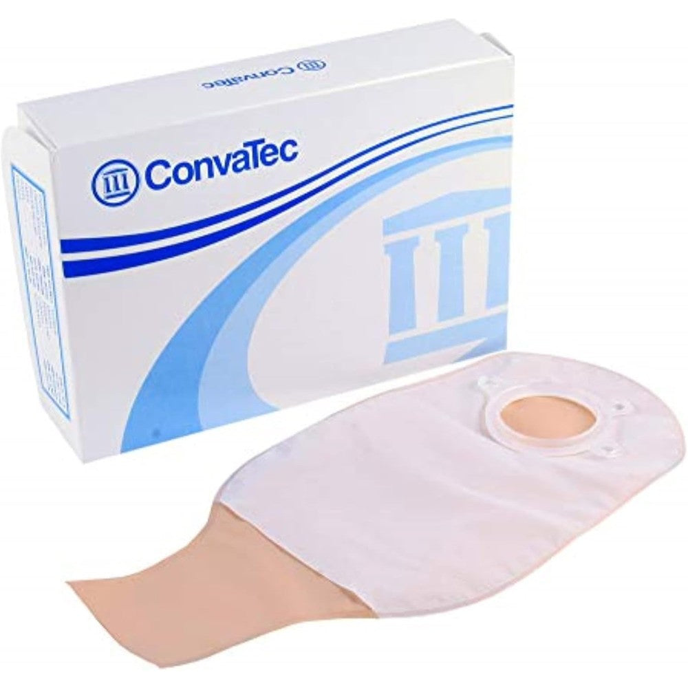 ConvaTec SurFit Natura Two Piece Drainable Ostomy Pouch front view showing the opaque cover and plastic flange ring.