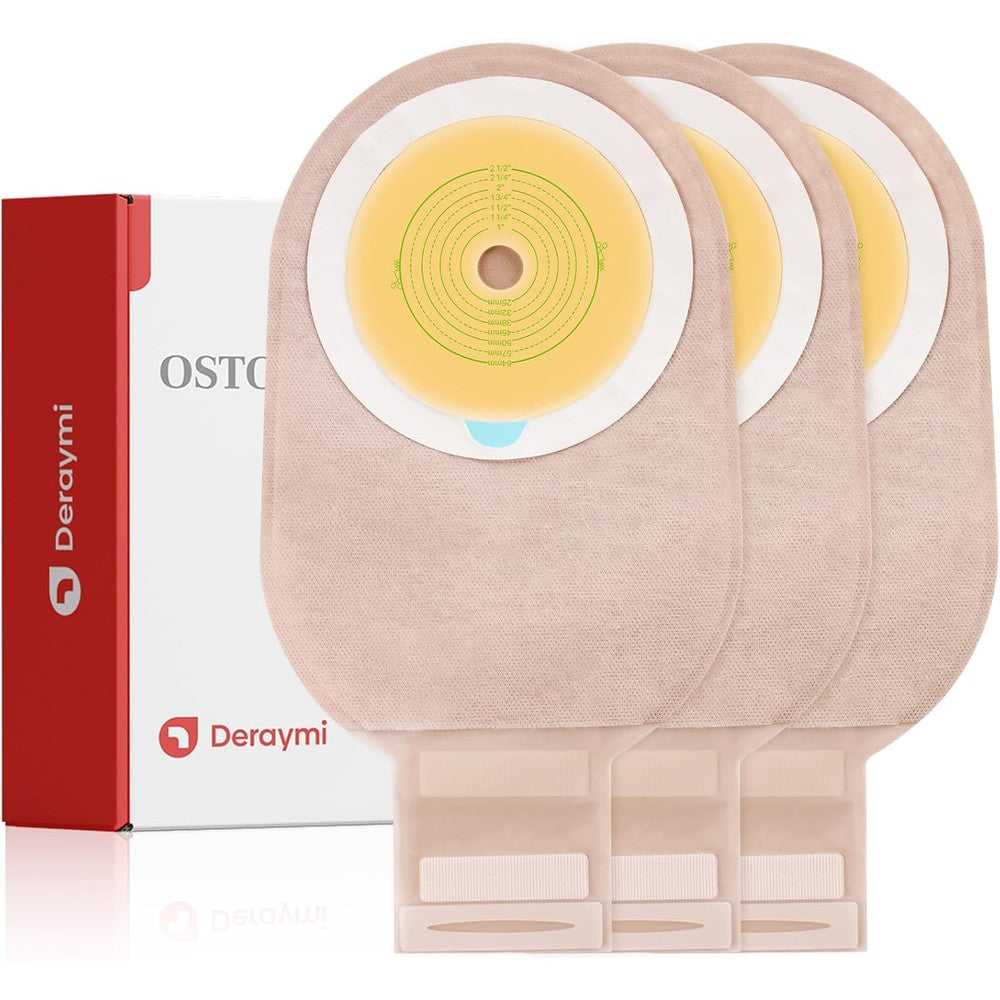 DERAYMI one piece cut to fit drainable colostomy bags thirty pack box front view showing medical hydrocolloid barrier