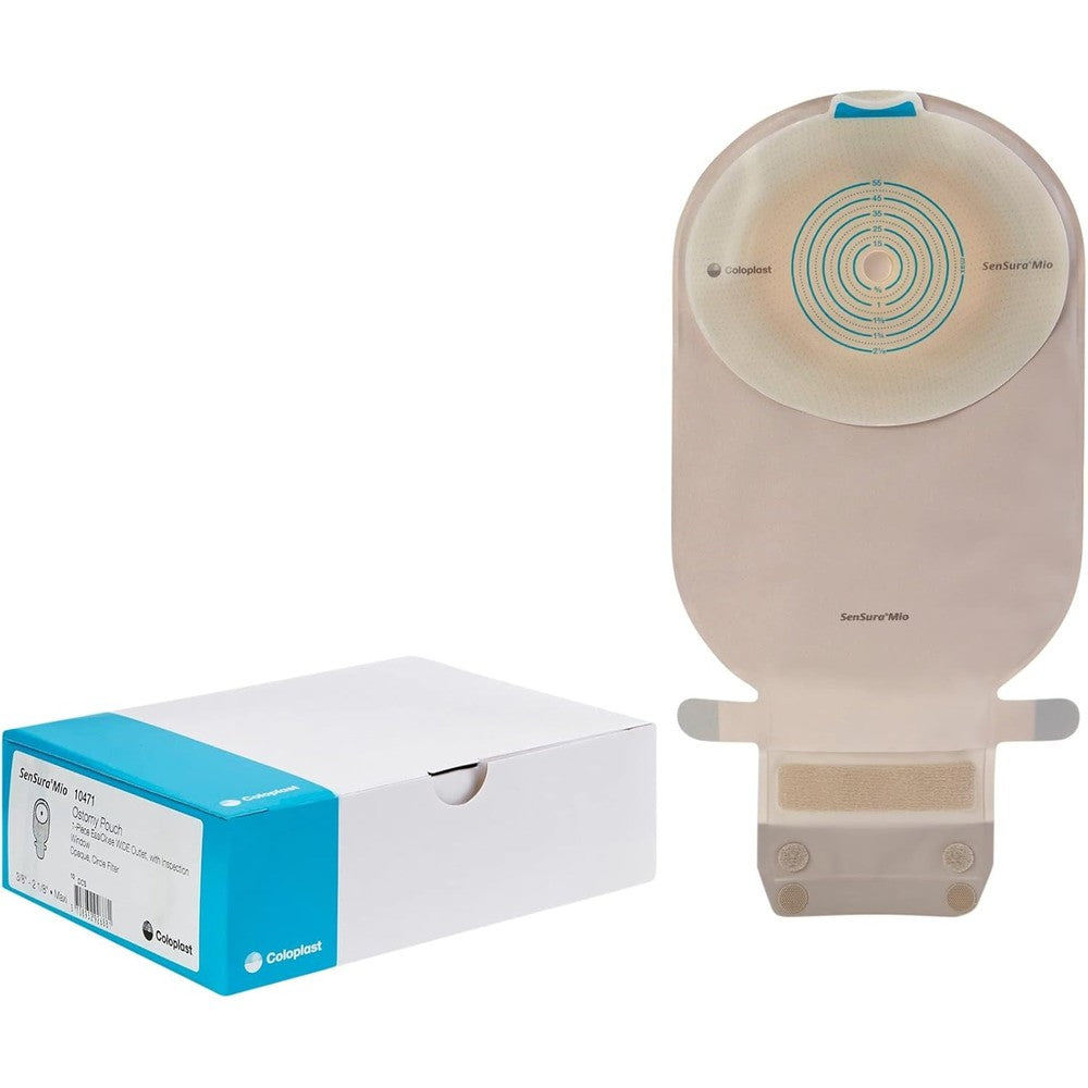 Coloplast SenSura Mio 1-Piece Wide Outlet Drainable Pouch Maxi front view showing transparent inspection window and elastic adhesive barrier.