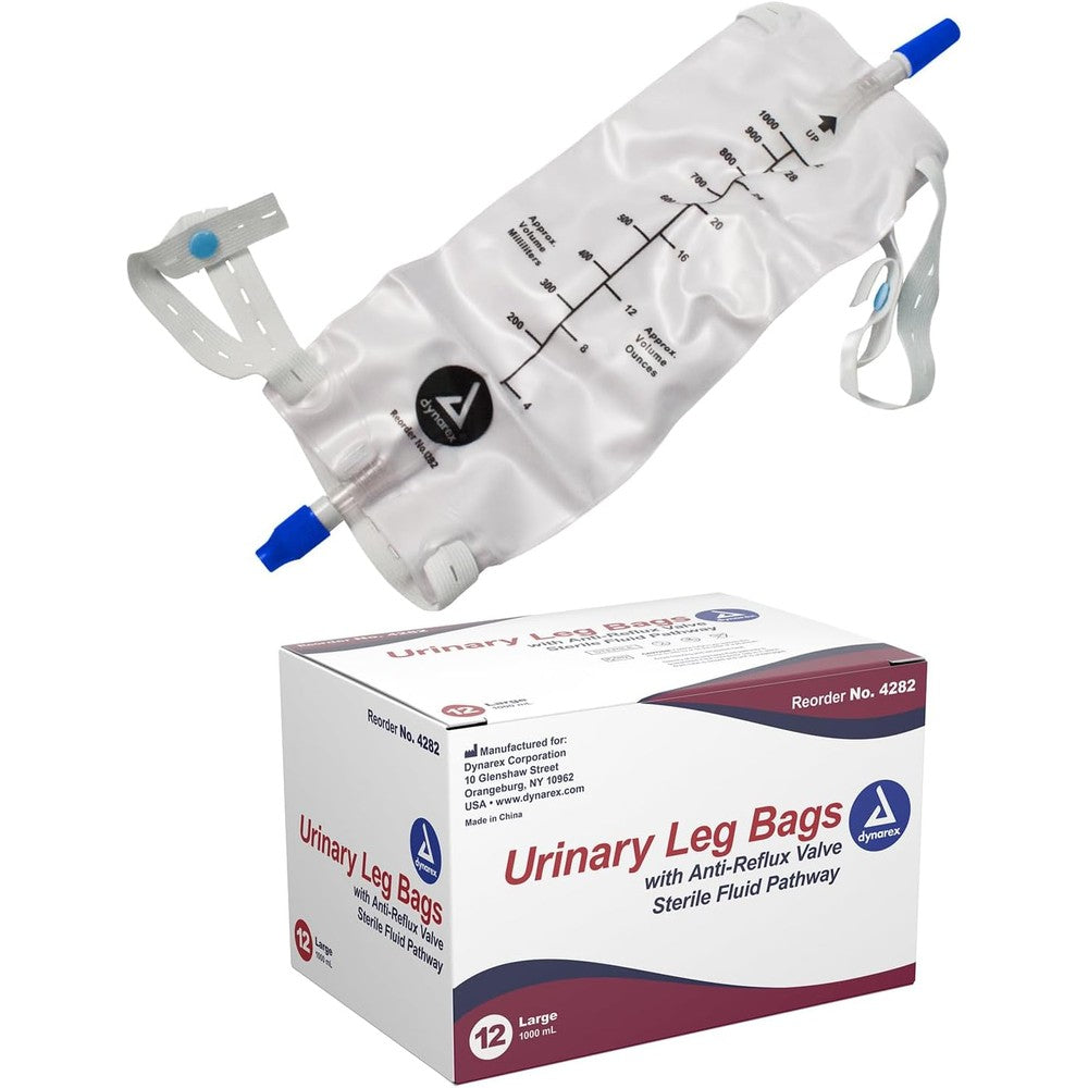 Dynarex Urinary Leg Bag 1000 milliliters box front view showing sterile medical packaging