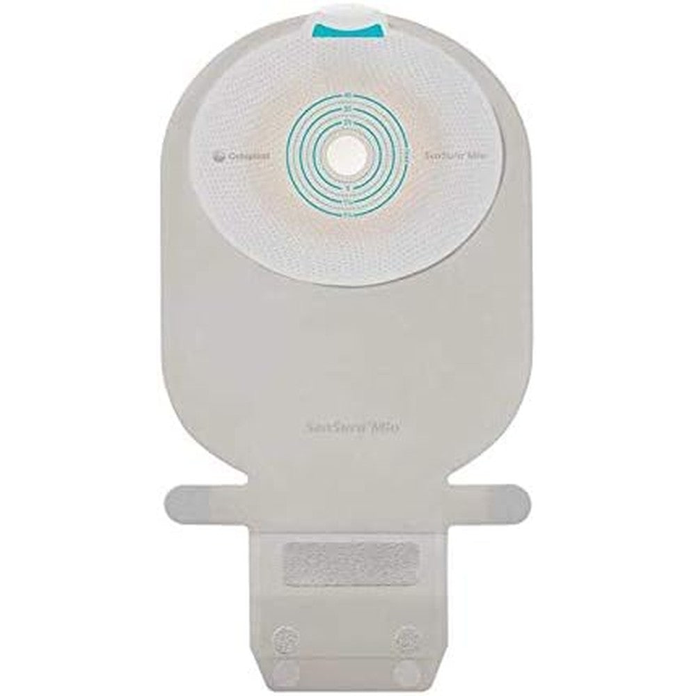 SenSura Mio One Piece EasiClose Wide Drainable Ostomy Pouch front view showing neutral gray textile fabric and packaging box