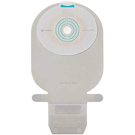 SenSura Mio One Piece EasiClose Wide Drainable Ostomy Pouch front view showing neutral gray textile fabric and packaging box