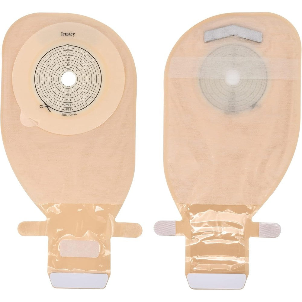 Jctracy one piece colostomy bags front view showcasing the cut to fit hydrocolloid barrier scale.