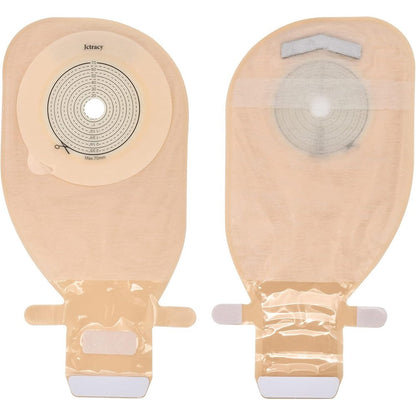 Jctracy one piece colostomy bags front view showcasing the cut to fit hydrocolloid barrier scale.