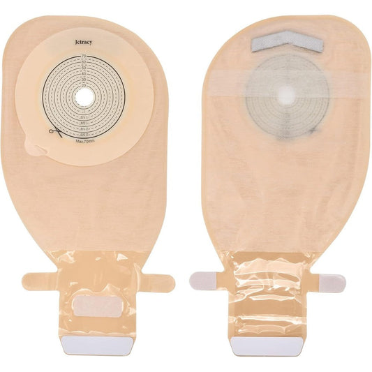 Jctracy one piece colostomy bags front view showcasing the cut to fit hydrocolloid barrier scale.