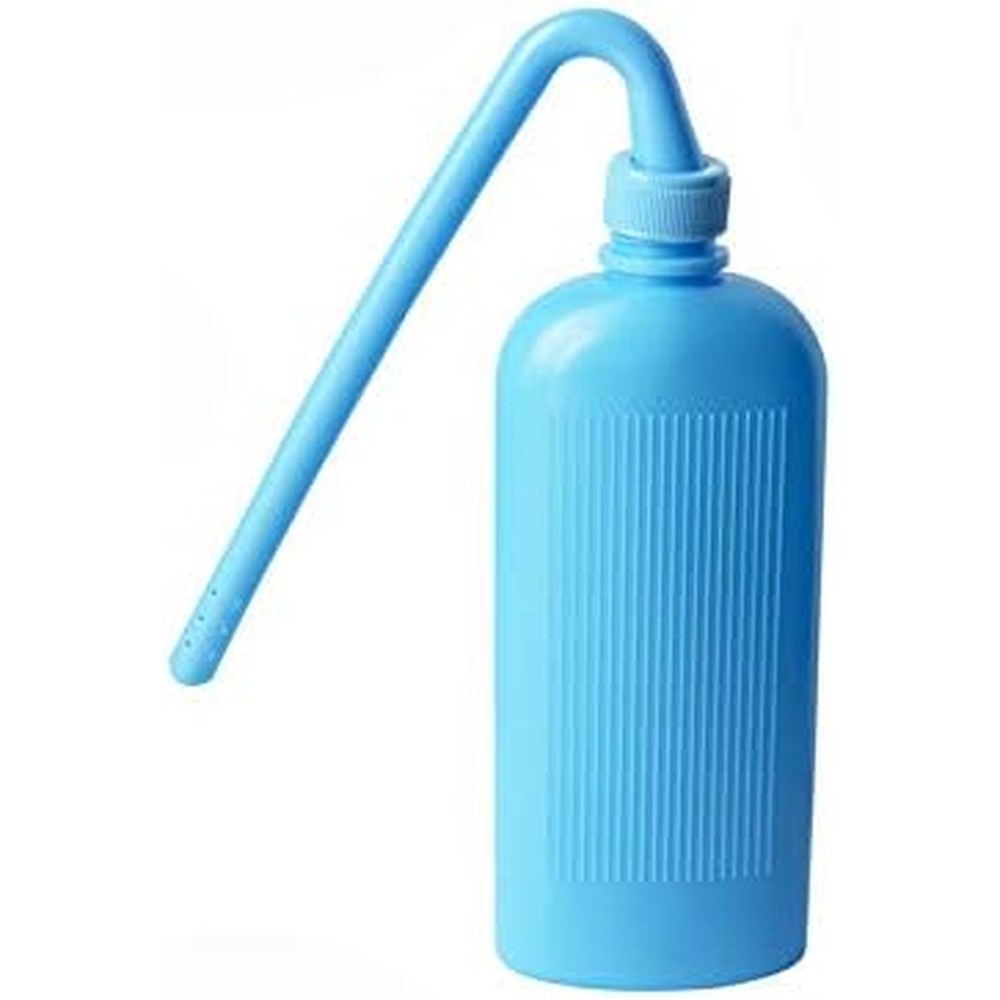 CLCMS colostomy bag cleaning tool front view showing the blue reusable stoma wash bottle