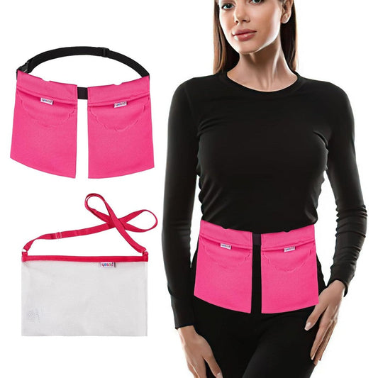 Yesito mastectomy drainage pouch pink front view showing dual pockets