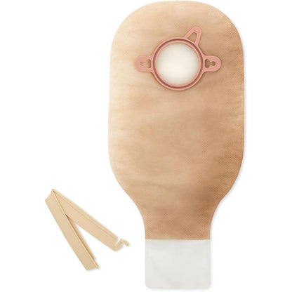 Hollister New Image two piece drainable ostomy pouch front view showcasing transparent film and blue color code flange.
