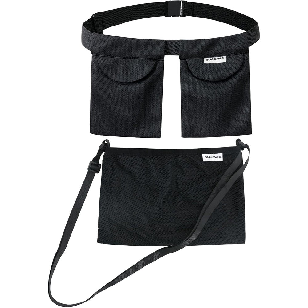 SUCONBE adjustable mastectomy drain holder front view featuring the black dual-pocket waist pouch for post-surgery recovery.