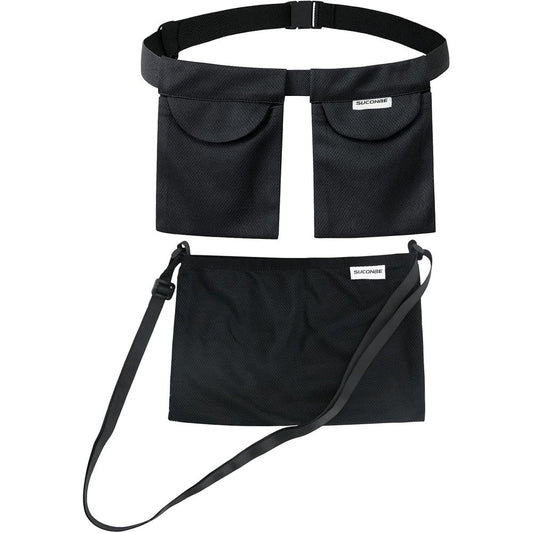 SUCONBE adjustable mastectomy drain holder front view featuring the black dual-pocket waist pouch for post-surgery recovery.