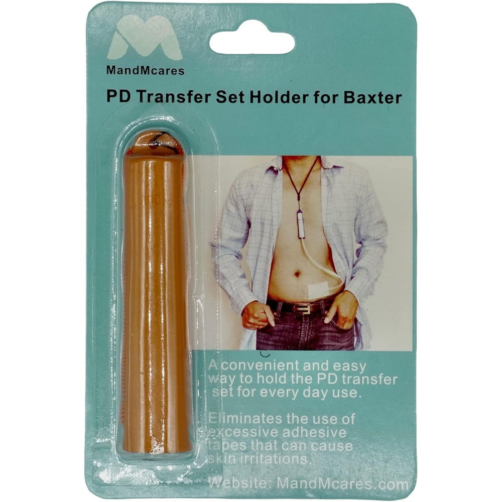 MandMcares Peritoneal Dialysis Transfer Set Holder for Baxter front view showing orange pouch and adjustable neck cord.