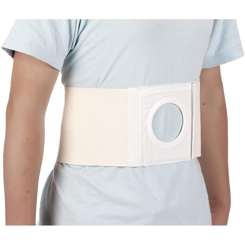 Mybow ostomy hernia support belt front view showing the central stoma opening ring