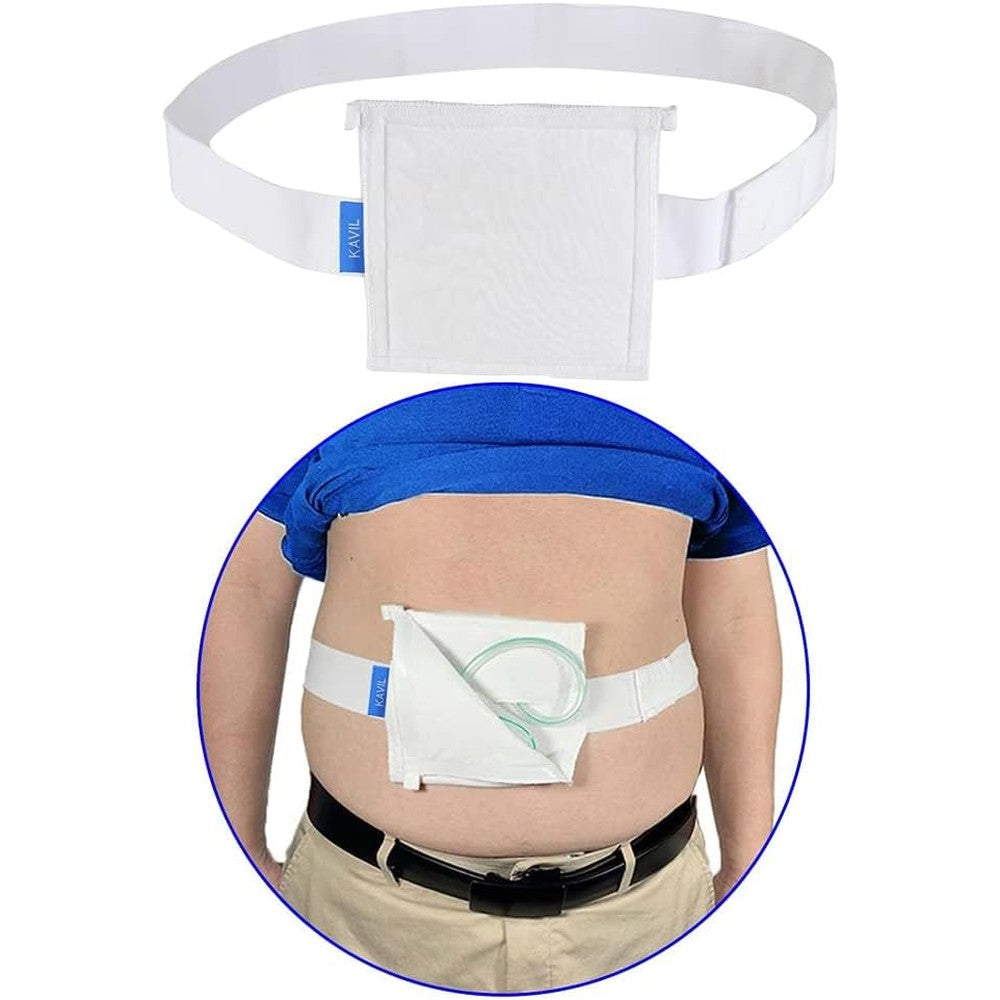 NEPPT G tube holder belt front view showing white adjustable fabric band and secure protective pouch.