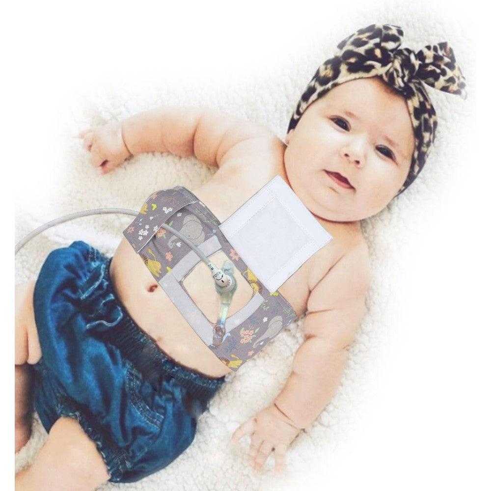 Rainbowstar feeding tube belt front view showing the adjustable cotton strap and button cover.