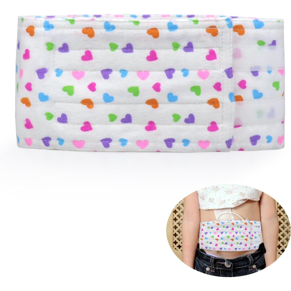 Rainbowstar adjustable G tube protective belt for babies front view featuring colorful heart pattern.
