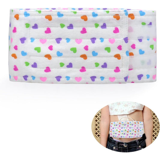 Rainbowstar adjustable G tube protective belt for babies front view featuring colorful heart pattern.